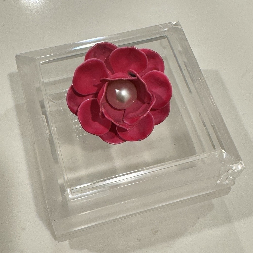 Vintage Pink Flower Brooch Enameled Metal & Faux Pearl Pin Coquette